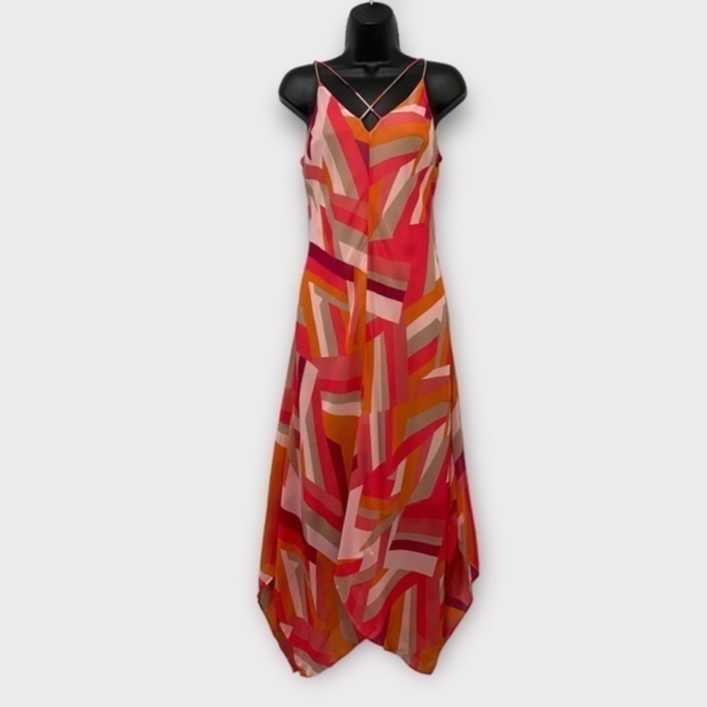 Calvin Klein Pink & Orange Geometric Sheer Midi Dress Size 4